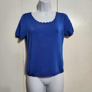 Small Oscar De La Renta Solid Blue Scalloped Neckline Viscose Top